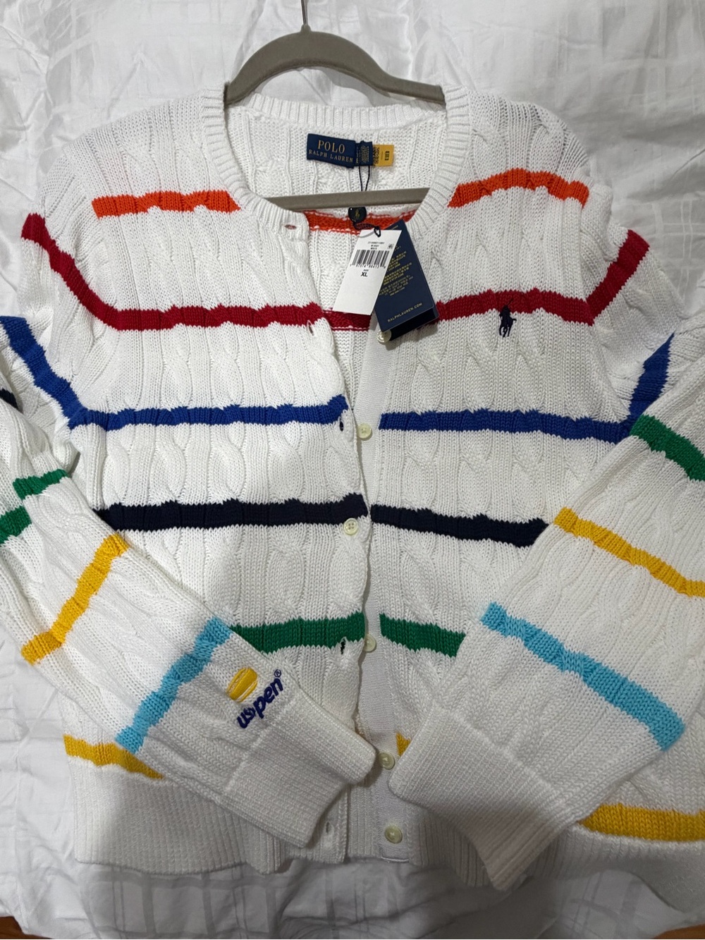US Open, Polo by Ralph Lauren White Cable-Knit Cardigan with Multicolor Stripes